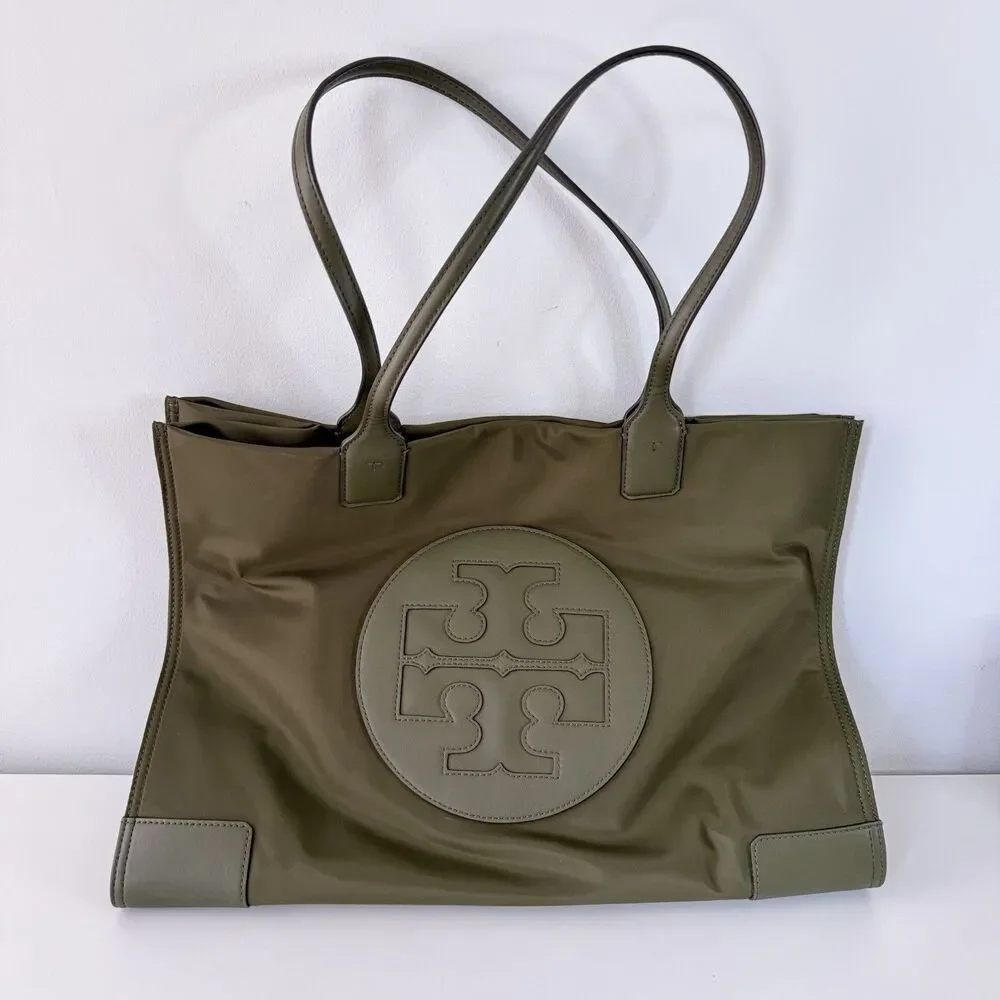 Tory Burch Ella Nylon Tote Bag Olive Leather Trim Authentic Light & Durable NWOT